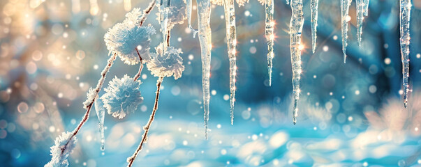 A cluster of icicles hanging from a snow-laden branch, each icicle detailed and shimmering, - obrazy, fototapety, plakaty