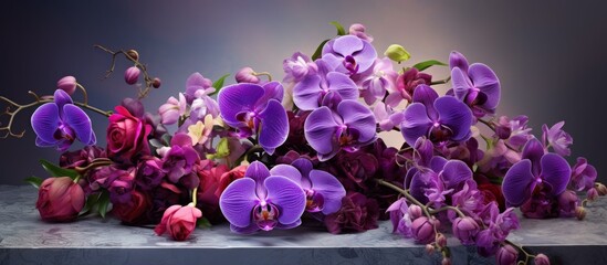 A colorful arrangement of violet, magenta, and purple flowers decorates the table at the annual...