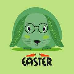 Character design of Easter bunny with carrot in green colors. Cartoon style. The inscription Easter. Postcard design
