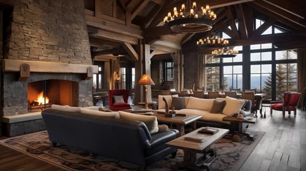 Plaid mouton avec photo Mur chinois Rustic reclaimed chalet-style ski retreat great room with towering timber framing plank walls and oversized stone fireplace inglenook.