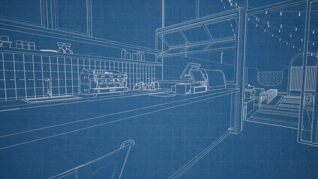 Boceto del interior de restaurante cafeter&iacute;a, v&iacute;deo de animaci&oacute;n 3d 4k 60fps