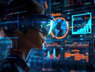 A woman wearing a virtual reality headset is looking at a computer screen with a lot of numbers and graphs. Concept of technology and innovation