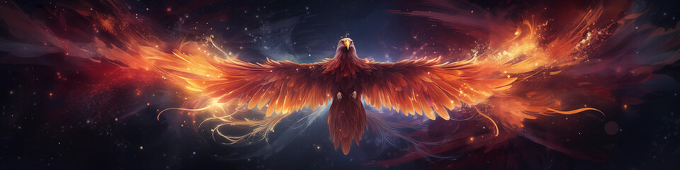 Adorable phoenix bird with majestic wings spread graces fantastical cosmic landscape, Concept of awakening spirituality. Magical fantasy epic wallpaper - obrazy, fototapety, plakaty