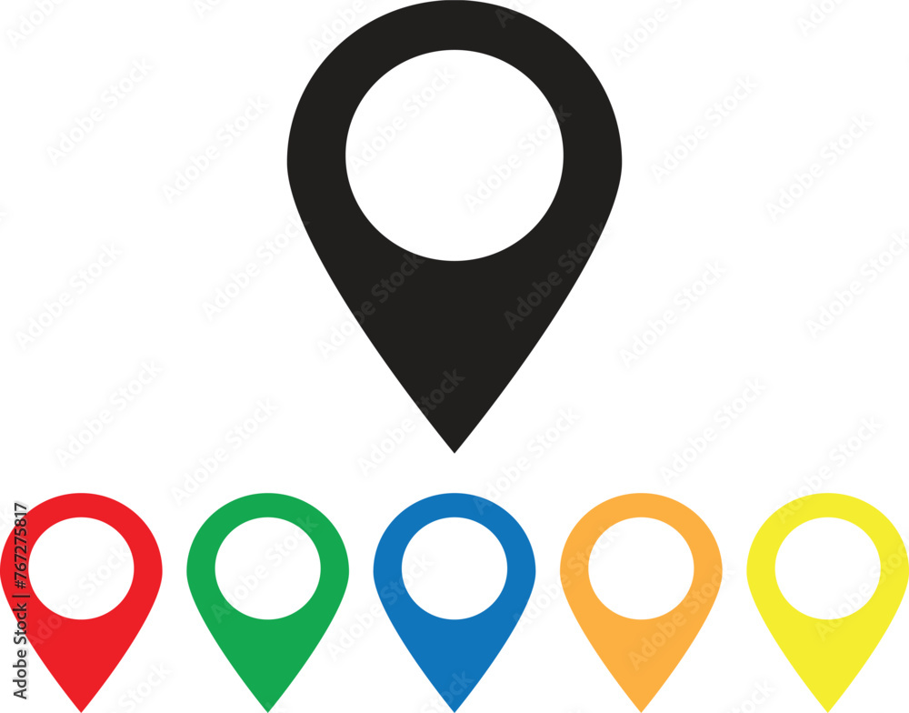 Poster map pointer icon set in different colors . six different colored pins icon vector