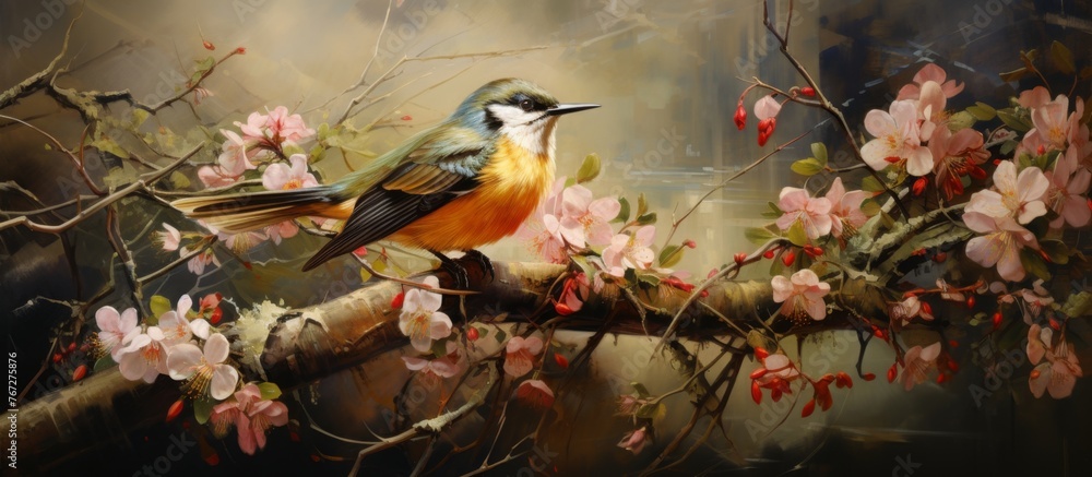 Poster a perching bird with colorful feathers and a distinctive beak is sitting on a twig of a blooming tre