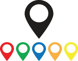 Map pointer icon set in different colors . Six different colored pins icon vector