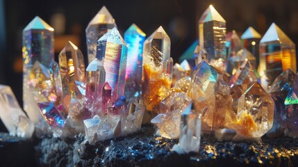 An array of different-sized, shimmering crystals on a dark surface, each reflecting and refracting light uniquely