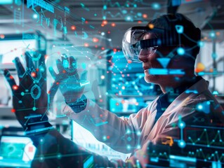 A man wearing a white lab coat is using a virtual reality headset to interact with a computer screen. Concept of innovation and technological advancement
