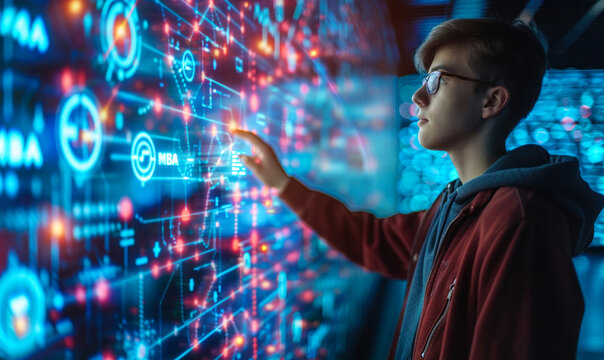 Prospective Student Interacts with Virtual Education Platform Exploring MBA Programs and Business School Opportunities