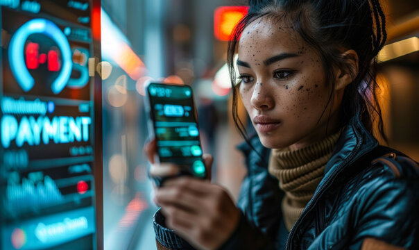 Business professional uses a futuristic interface to manage e-payment solutions and confirm transactions securely on a smartphone