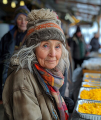 An old elderly homeless poor, woman at a senior charity free food kitchen.