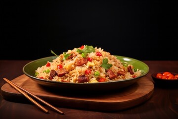 Tasty fried rice on a rustic plate against a minimalist or empty room background