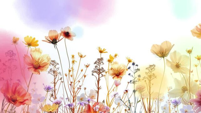Artwork Composition of Wild Flowers in 3D Rendering with Water Color Splash