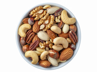 Fototapeta premium A top-down shot showcasing a bowl of mixed nuts arranged on a white table, offering a delightful assortment of walnuts, pistachios, almonds, hazelnuts, and cashews as a healthy snack choice