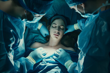 Surgeons in a sterile operating environment conduct breast surgery on a patient under anesthesia.
