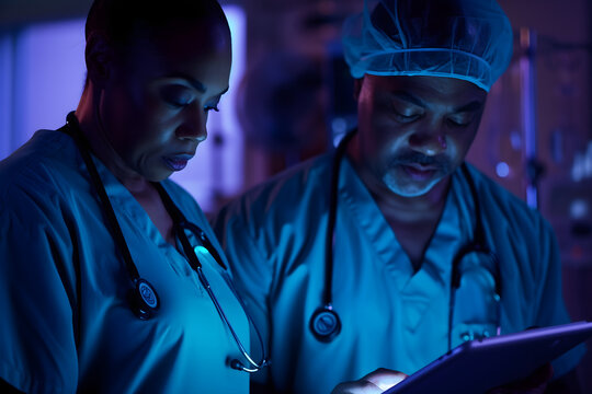 Two focused African American healthcare professionals, a male and a female doctor, review patient data on a tablet in a dimly lit hospital room.
 - Powered by Adobe