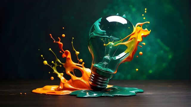 A flash of brilliant creative inspiration idea featuring a vibrant lightbulb made of liquid paint blending into a dark green backdrop