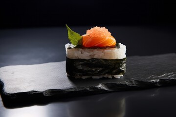 Refined sushi on a slate plate against a minimalist or empty room background