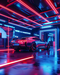 Photo of sport car in garage decorate with abstract neon light color 