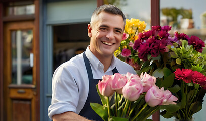 Professional, Friendly Male Florist at Work - wearing white shirt and dark apron,  holding pink tulips