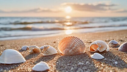 Fototapeta na wymiar seashells on the sand on the background of the sea