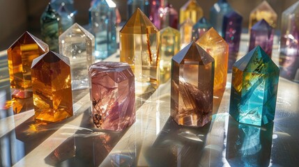 An array of polished, geometric gemstones on a reflective surface, each casting its own unique shadow and highlight