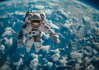 Astronaut floating with the clouds and the earth his feet.