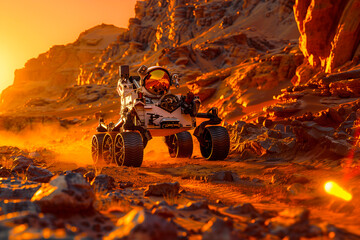 A space rover is driving through a desert with a sunset in the background. The rover is covered in...