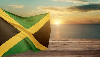 illustration flag of jamaica on wooden background - obrazy, fototapety, plakaty
