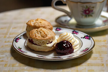 Classic British cream tea, scones split in half with clotted cream and jam on side, ambiance of enjoying leisurely afternoon tea.