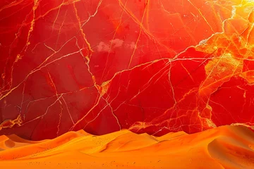 Deurstickers Fiery red marble texture background with vibrant orange and yellow streaks, accompanied by a desert landscape with towering sand dunes at dusk. © Lucifer