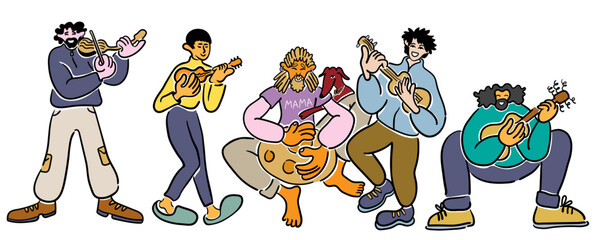 color cartoon people musicians with dog in doodle style. set of men and women in different poses.print advertising poster template.
