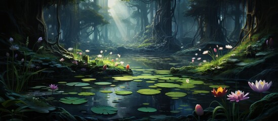 A beautiful pond surrounded by a lush forest with vibrant lily pads and colorful flowers, creating a serene natural landscape - obrazy, fototapety, plakaty