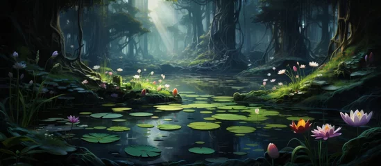 Fotobehang A beautiful pond surrounded by a lush forest with vibrant lily pads and colorful flowers, creating a serene natural landscape © AkuAku
