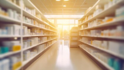 pharmacy drugstore shelves interior blurred abstract background with copy space - obrazy, fototapety, plakaty
