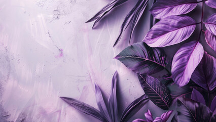 Tropical leaves in pastel violet and purple hues on a light background with empty copy space for text. Monstera palm leaf summer top view backdrop