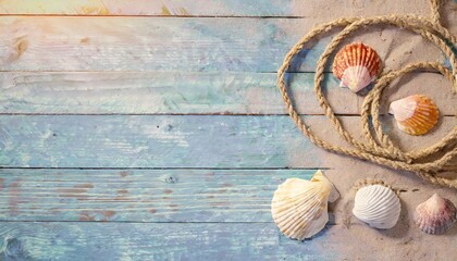 pattern sea shell and rope on a blue old wooden background with sand summer time holiday concept top view leave a copy space for writing descriptive text tone colorful pastel