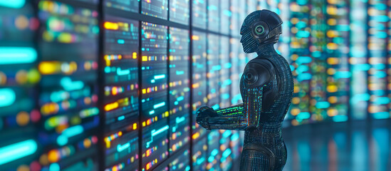 Cybernetic Robot Managing Complex Data Storage Systems - Advanced data management and AI-driven technological solutions for digital archives concept