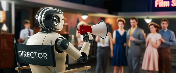 Robot, in director’s chair, holding red megaphone, directing scene with actors in film studio, showcasing technology’s integration into creative fields