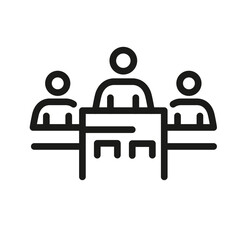 Judges icon for web, mobile, promo depicts legal professionals in court. Suitable for law, justice categories. Single outline, vector illustration.