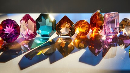 An array of polished, geometric gemstones on a reflective surface, each casting its own unique shadow and highlight - obrazy, fototapety, plakaty
