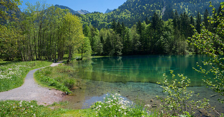 pictorial lake Christlessee, spring landscape Trettach valley, Oberstdorf, south germany