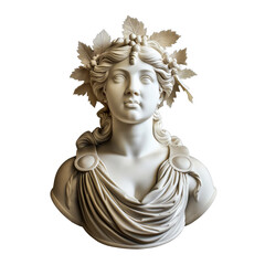 Antique roman greek white marble gypsum sculpture bust of woman with grape leaves in hair isolated on transparent white background. Culture history concept