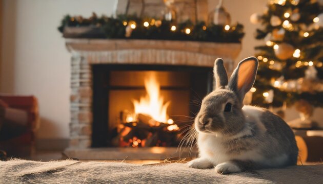 a contented bunny resting by the fireplace on a cozy christmas evening with room for text background image