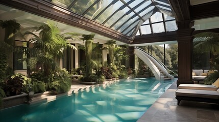 Luxurious resort-style indoor pool enclosure with glass ceilings and walls tropical plant wall and waterfall accents.