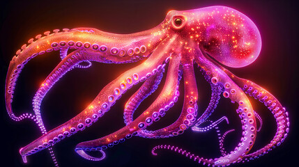 Vibrant digital illustration of an octopus with a neon glow effect against a dark backdrop, for themes of marine life, digital art, and fantasy