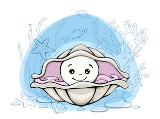 molusk pearl fish, starfish, underwater world. vector clipart, hand-drawn