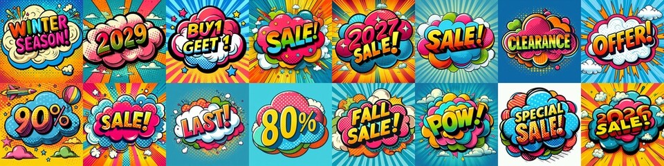 Fototapeta premium Sale stickers pop art style. AI generated illustration