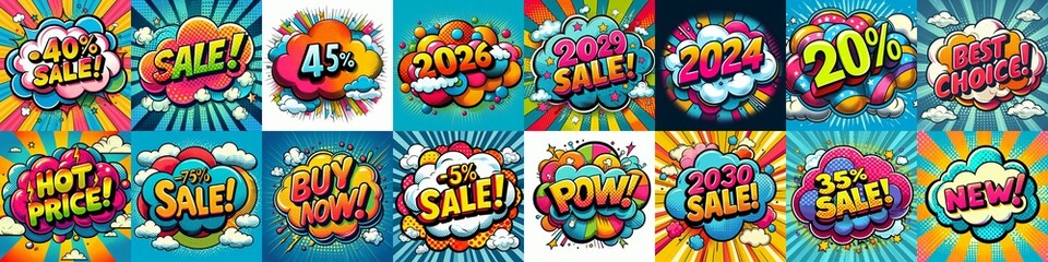 Fototapeta premium Sale stickers pop art style. AI generated illustration