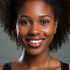 A girl of African appearance smiles widely and has magnificent white teeth. - obrazy, fototapety, plakaty